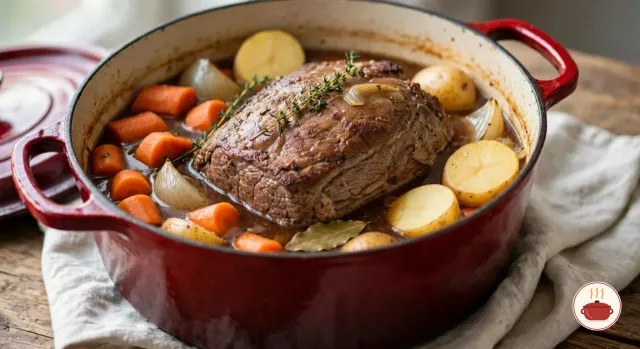 Carrot chunks, halved Yukon Gold potatoes and onion wedges tucked around a browned chuck roast in a red enameled Dutch oven, the lid set aside