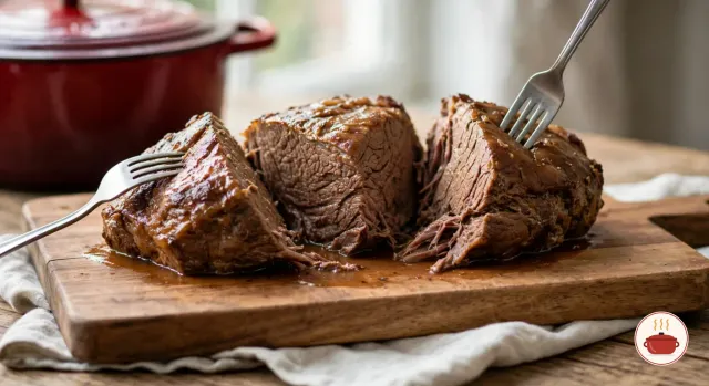 Braised chuck roast pulled apart into large, tender chunks with two forks on a wooden cutting board, the red Dutch oven behind
