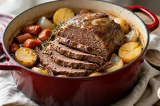 Classic pot roast in a red enameled cast-iron Dutch oven, partly sliced, with carrots, halved potatoes, onion wedges and gravy