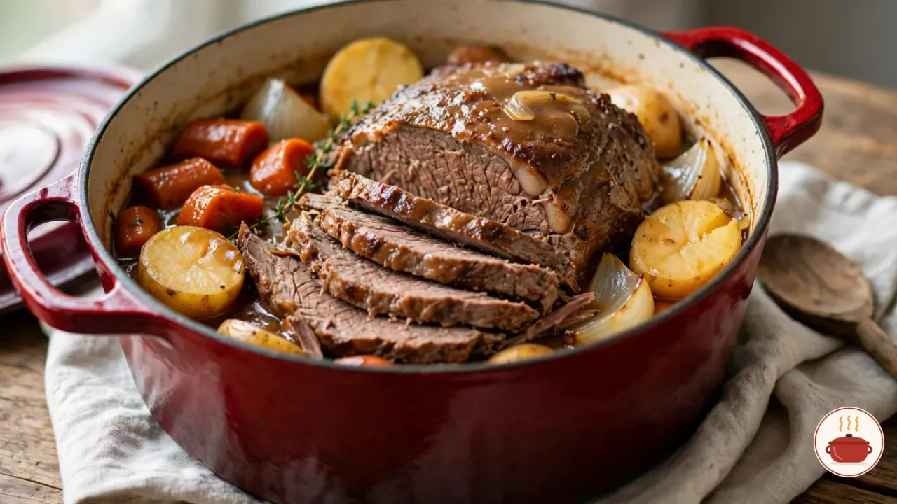 Classic pot roast in a red enameled cast-iron Dutch oven, partly sliced, with carrots, halved potatoes, onion wedges and gravy
