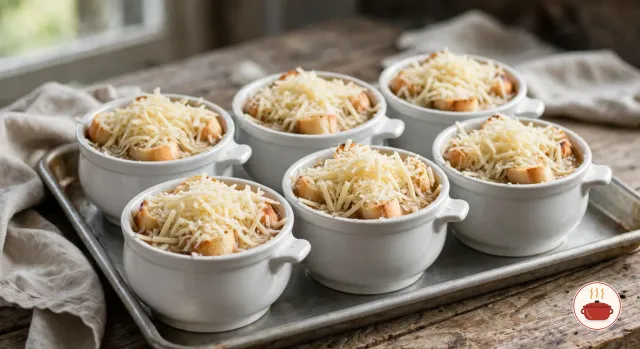 Six white soup crocks on a rimmed baking sheet, each topped with toasted baguette and a thick layer of grated Gruyère, ready for the broiler