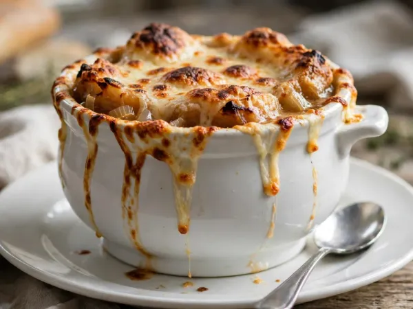 French onion soup in a white ovenproof crock on a plate, under a bubbling, browned Gruyère crust that spills over the rim