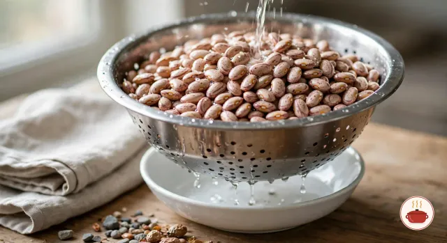 Dried pinto beans being rinsed under a stream of water in a steel colander set over a white bowl, a few picked-out pebbles and shriveled beans on the wooden counter in front