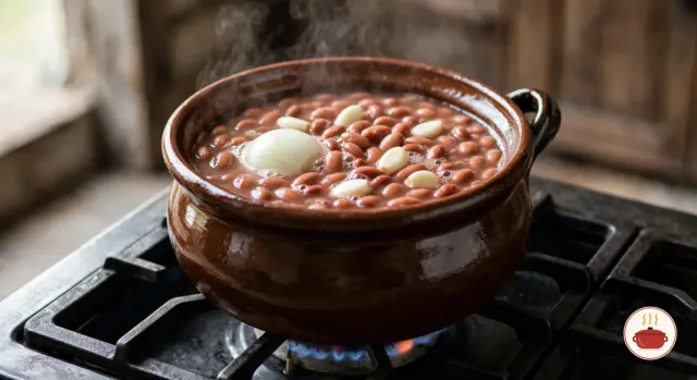 Pinto beans simmering in their broth in a glazed clay olla on a gas burner, half an onion and whole garlic cloves floating among them