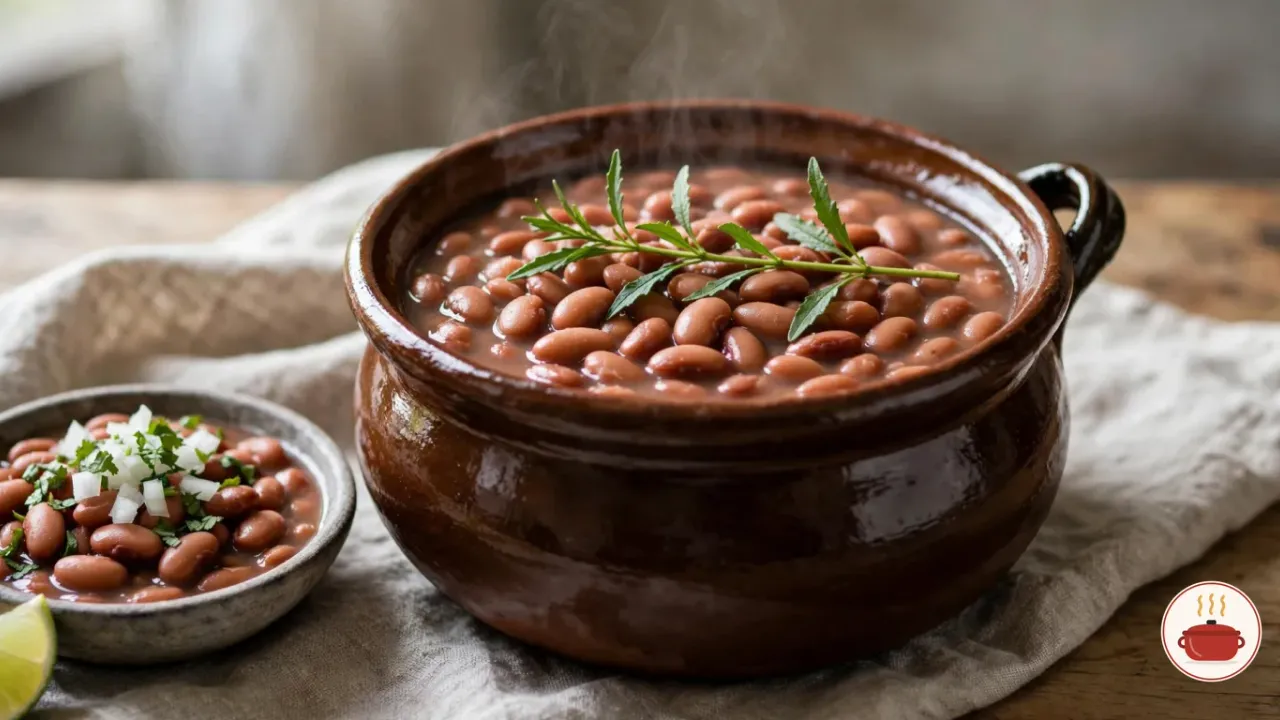 Frijoles de la olla in a glazed clay pot, pinto beans in their broth with a sprig of epazote, a small bowl of beans topped with chopped onion and cilantro beside it