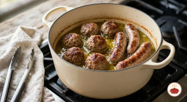 Italian sausages and meatballs browning in their fat in a cream enameled cast-iron Dutch oven on a gas burner, tongs on a linen towel beside it