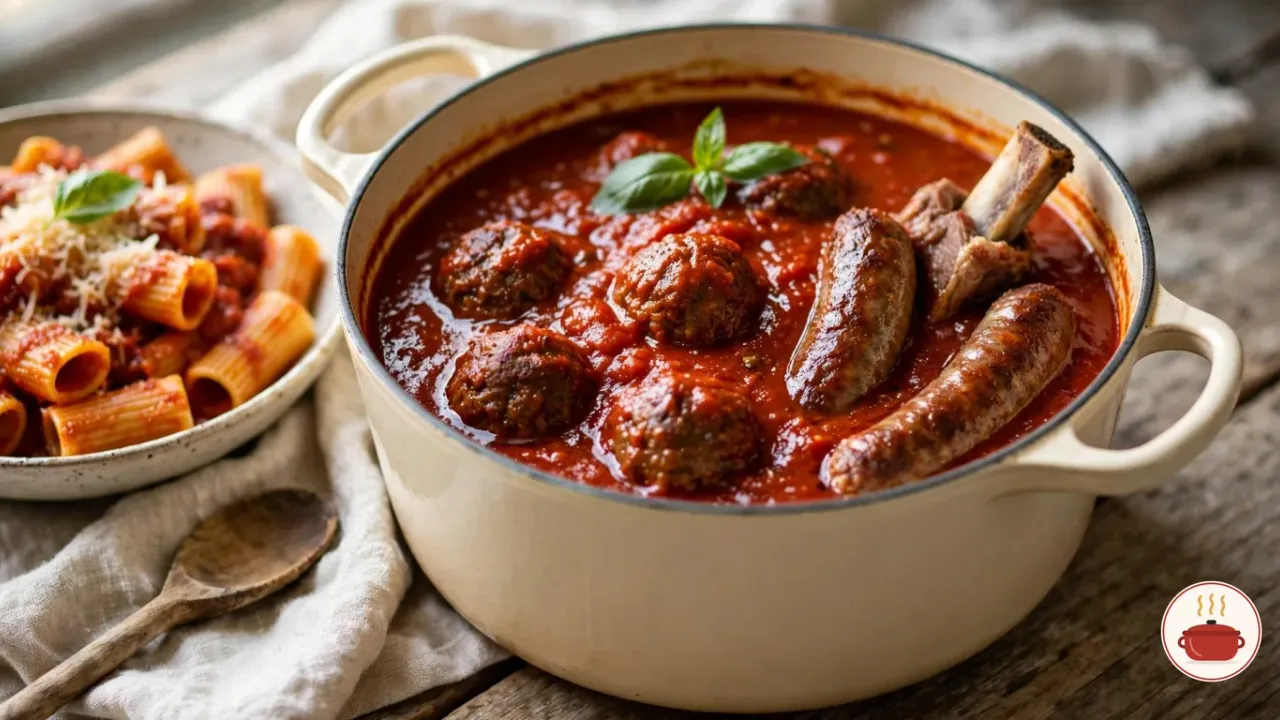 Italian Sunday gravy in a cream enameled cast-iron Dutch oven, meatballs, sausages and a pork rib in deep red sauce, a bowl of rigatoni beside it