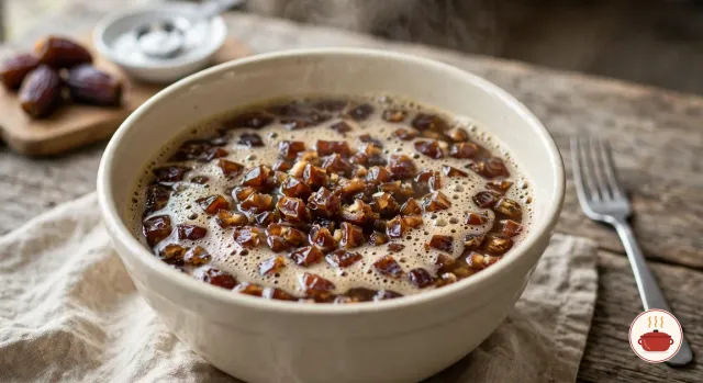 Chopped Medjool dates soaking in hot water with baking soda in a cream stoneware bowl, pale foam on the surface, a fork beside it and whole dates behind