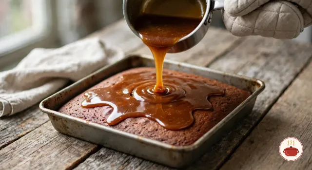 Warm toffee sauce pouring from a small saucepan, held in an oven mitt, over the baked date sponge in its square metal baking pan