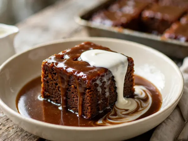 A square of sticky toffee pudding in a shallow stoneware bowl, toffee sauce pooling around it and a pour of cold cream running down one side, a cream jug and the baking pan behind