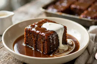 A square of sticky toffee pudding in a shallow stoneware bowl, toffee sauce pooling around it and a pour of cold cream running down one side, a cream jug and the baking pan behind