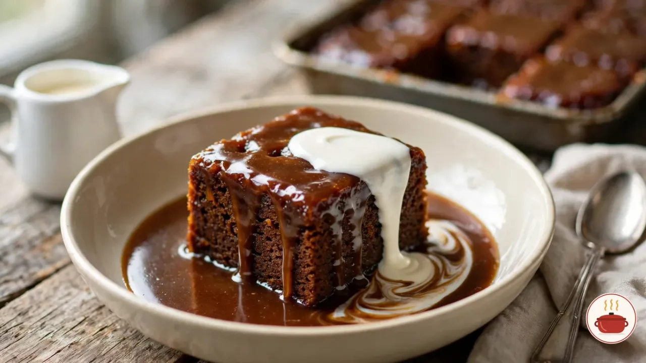 A square of sticky toffee pudding in a shallow stoneware bowl, toffee sauce pooling around it and a pour of cold cream running down one side, a cream jug and the baking pan behind